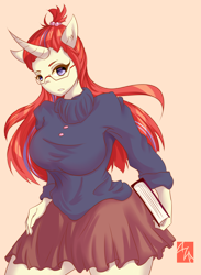 Size: 1500x2044 | Tagged: safe, artist:azarakikun, deleted from derpibooru, imported from derpibooru, moondancer, anthro, big breasts, book, breasts, busty moondancer, clothes, female, shirt, skirt, solo, sweater