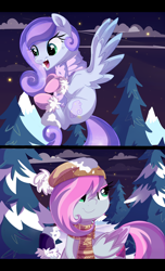 Size: 1600x2635 | Tagged: safe, artist:spookyle, imported from derpibooru, oc, oc only, oc:cloudy dreamscape, oc:graffiti heart, pegasus, pony, cute, female, hat, mare, night, smiling, snow, snowball, snowball fight, winter, winter outfit