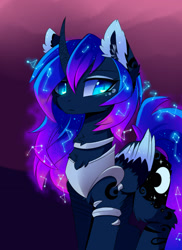 Size: 1280x1760 | Tagged: safe, artist:magnaluna, imported from derpibooru, princess luna, alicorn, pony, chest fluff, collar, color porn, colored wings, colored wingtips, constellation, curved horn, ear fluff, female, fluffy, galaxy mane, jewelry, leg fluff, mare, neck fluff, regalia, simple background, slit eyes, slit pupils, solo