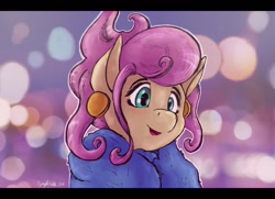 Size: 1280x927 | Tagged: safe, artist:symplefable, imported from derpibooru, fluttershy, viva las pegasus, alternate hairstyle, bust, ear piercing, earring, female, impossibly rich, jewelry, looking at something, open mouth, piercing, portrait, solo