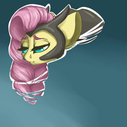 Size: 2500x2500 | Tagged: safe, artist:flita, imported from derpibooru, fluttershy, alternate timeline, big ears, bust, female, helmet, portrait, sad, solo