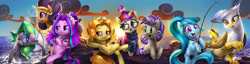 Size: 1920x495 | Tagged: safe, artist:imdrunkontea, imported from derpibooru, adagio dazzle, aria blaze, gilda, moondancer, saffron masala, sonata dusk, oc, oc:marina (efnw), earth pony, griffon, merpony, orca pony, original species, pony, seapony (g4), unicorn, spice up your life, clothes, cloud, diana kaarina, equestria girls ponified, everfree northwest, everfree northwest 2017, female, fishing rod, food, gem, kazumi evans, log, marÿke hendrikse, meme, ocean, ponified, siblings, siren gem, sisters, sonataco, sun, sunset, sweater, taco, that girl sure loves tacos, that pony sure does love tacos, that siren sure does love tacos, the dazzlings, voice actor joke, water