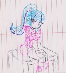 Size: 1228x1360 | Tagged: safe, artist:elgatosabio, imported from derpibooru, sonata dusk, equestria girls, female, lined paper, sad, sitting, solo, traditional art
