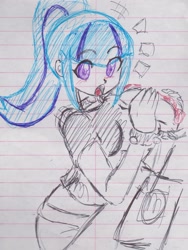 Size: 1295x1721 | Tagged: safe, artist:elgatosabio, imported from derpibooru, sonata dusk, equestria girls, blushing, caught, clothes, eating, female, food, lined paper, open mouth, ponytail, skirt, solo, traditional art