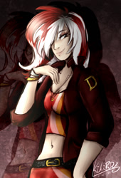 Size: 449x660 | Tagged: safe, artist:kikirdcz, imported from derpibooru, oc, oc only, oc:dera, human, art trade, belly button, clothes, hair over one eye, humanized, humanized oc, leather jacket, midriff, signature, smiling, solo