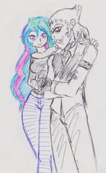 Size: 1452x2370 | Tagged: safe, artist:elgatosabio, imported from derpibooru, discord, princess celestia, equestria girls, blushing, dislestia, duo, equestria girls-ified, female, hug, male, principal celestia, shipping, simple background, smiling, straight, traditional art
