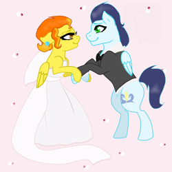 Size: 1300x1300 | Tagged: safe, artist:magicalduck64, artist:star draw, imported from derpibooru, soarin', spitfire, pony, clothes, dancing, dress, eye contact, looking at each other, male, marriage, shipping, soarinfire, straight