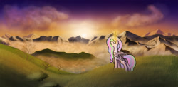 Size: 1500x734 | Tagged: safe, artist:slamjam, imported from derpibooru, princess celestia, female, fog, grass, mountain, mountain range, solo, sunrise