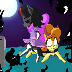 Size: 500x500 | Tagged: safe, artist:dragonpone, derpibooru exclusive, imported from derpibooru, carrot top, golden harvest, king sombra, pony, bipedal, cape, clothes, costume, crossdressing, crying, curved horn, devil horns, devil tail, dress, duo, evening gloves, evil, evil grin, eyes closed, frown, full moon, gloves, gravestone, grin, kicking, lidded eyes, looking down, moon, night, nightmare night, nightmare night costume, ponies riding ponies, riding, scared, smiling, socks, sombra riding carrot top, stars, sweat, tentacles, thigh highs, tongue out, wide eyes