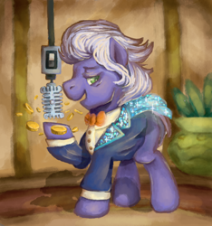 Size: 1024x1092 | Tagged: safe, artist:heylookitsmyart, imported from derpibooru, gladmane, viva las pegasus, bits, clothes, male, microphone, money, scenery, solo