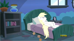 Size: 1671x929 | Tagged: safe, anonymous artist, edit, edited screencap, imported from derpibooru, screencap, oc, oc only, oc:aryanne, earth pony, pony, bed, blanket, book, bookshelf, discovery family logo, female, indoors, lying down, mare, on back, pillow, plant, shelf, solo, starlight's room, window