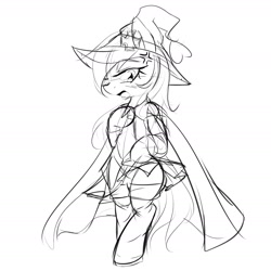 Size: 1858x1858 | Tagged: safe, artist:randy, imported from derpibooru, oc, oc only, oc:aryanne, earth pony, pony, bipedal, blushing, cloak, clothes, cute, female, hat, heart, iron cross, monochrome, simple background, sketch, skirt, skirt lift, socks, solo, white background, witch, witch hat