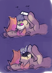 Size: 619x863 | Tagged: safe, artist:lilfunkman, imported from derpibooru, oc, oc only, oc:taco horse, earth pony, pony, comic, fail, female, holding, hoof hold, horse problems, mare, no pupils, on back, phone, simple background, smiling, solo