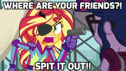 Size: 1280x720 | Tagged: safe, edit, edited screencap, editor:paragonaj, imported from derpibooru, screencap, sci-twi, sunset shimmer, twilight sparkle, equestria girls, angry, at gunpoint, exploitable meme, eyepatch, gun, handgun, image macro, meme, metal gear, metal gear solid, metal gear solid 5, pistol, reference, scar, shrapnel, sunset yells at twilight, text, threat, threatening, venom snake, weapon