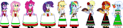 Size: 389x91 | Tagged: safe, artist:toonalexsora007, imported from derpibooru, applejack, derpy hooves, fluttershy, pinkie pie, rainbow dash, rarity, sunset shimmer, trixie, twilight sparkle, equestria girls, 16 de septiembre, clothes, costume, dress, humane five, humane six, mexican, mexican dress, paper fan, pixel art, simple background, sprite, toy gun, transparent background