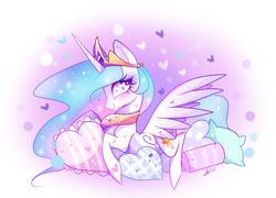 Size: 1200x864 | Tagged: safe, artist:ipun, imported from derpibooru, princess celestia, blushing, cute, cutelestia, female, heart, heart eyes, heart pillow, pillow, prone, smiling, solo, spread wings, wingding eyes