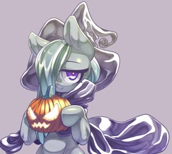 Size: 1500x1346 | Tagged: safe, artist:kaikoinu, imported from derpibooru, marble pie, earth pony, pony, clothes, female, hair over one eye, halloween, halloween costume, hat, jack-o-lantern, looking at you, mare, pumpkin, simple background, smiling, solo, wip, witch hat