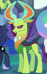 Size: 343x539 | Tagged: safe, imported from derpibooru, screencap, princess celestia, princess luna, rarity, thorax, alicorn, changedling, changeling, pony, unicorn, season 6, to where and back again, angry, changeling king, cropped, female, frown, glowing antlers, glowing horn, king thorax, magic, magic aura, male, male focus, mare, offscreen character, offscreen female, solo focus, spread wings, wings