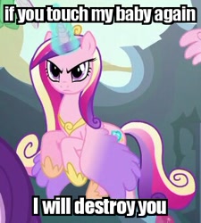 Size: 309x343 | Tagged: safe, edit, edited screencap, imported from derpibooru, screencap, princess cadance, princess flurry heart, starlight glimmer, changedling, changeling, to where and back again, angry, beware the nice ones, cropped, flying, image macro, magic, mama bear, mama cadence, meme, overprotective, solo focus