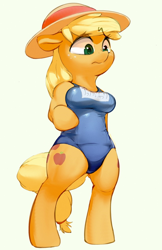 Size: 700x1080 | Tagged: safe, artist:masak9, imported from derpibooru, applejack, anthro, earth pony, pony, semi-anthro, unguligrade anthro, arm hooves, breasts, clothes, female, floppy ears, mare, school swimsuit, simple background, solo, sukumizu, swimsuit