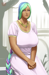 Size: 1254x1920 | Tagged: safe, artist:lvl, imported from derpibooru, princess celestia, human, au:eqcl, big breasts, braid, breasts, busty princess celestia, clothes, commission, dark skin, dress, female, huge breasts, humanized, jewelry, lidded eyes, long hair, looking at you, necklace, pose, sitting, smiling, solo, tree