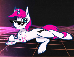 Size: 662x509 | Tagged: safe, artist:fanch1, imported from derpibooru, oc, oc only, oc:cheesy-shades, pony, unicorn, 80s, blue eyes, deal with it, glasses, meme, meme pony, on side, pink hair, side, solo, sunglasses, swag glasses, tattoo, yes i stole the background