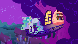 Size: 1920x1080 | Tagged: safe, imported from derpibooru, screencap, princess celestia, alicorn, pony, lesson zero, balcony, ethereal mane, female, golden oaks library, looking up, mare, night, raised hoof, solo, spread wings