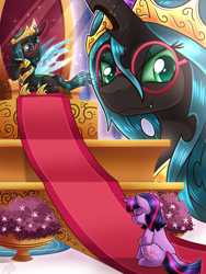 Size: 1500x2000 | Tagged: safe, artist:vavacung, imported from derpibooru, queen chrysalis, twilight sparkle, changeling, changeling queen, pony, unicorn, accessory theft, bedroom eyes, dork, dorkalis, duo, eyes closed, fanfic, fanfic art, fanfic cover, female, glasses, jewelry, mare, necklace, regalia, smiling, spoilers in the comments, story in the source, throne