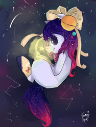 Size: 1050x1400 | Tagged: safe, artist:tamyarts, imported from derpibooru, oc, oc only, oc:alpha planetarium, earth pony, pony, bow, hair bow, night, solo