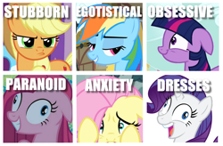 Size: 1174x770 | Tagged: safe, artist:tomfraggle, imported from derpibooru, applejack, fluttershy, pinkie pie, rainbow dash, rarity, twilight sparkle, and then there's rarity, compilation, contemplating insanity, exploitable meme, faic, i didn't listen, image macro, mane six, meme, one of these things is not like the others, rariderp, screenshots, that pony sure does love dresses