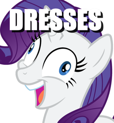 Size: 2218x2393 | Tagged: safe, imported from derpibooru, rarity, pony, unicorn, and then there's rarity, caption, clothes, derp, dress, exploitable meme, female, g4, i didn't listen, image macro, mare, meme, open mouth, rariderp, simple background, smiling, solo, that pony sure does love dresses, white background