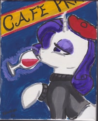 Size: 4840x5984 | Tagged: safe, artist:titankore, imported from derpibooru, rarity, absurd resolution, alcohol, beatnik rarity, beret, cafe, clothes, female, glass, hat, painting, solo, sweater, watercolor painting, wine