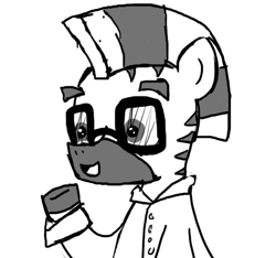 Size: 640x600 | Tagged: safe, artist:ficficponyfic, imported from derpibooru, oc, oc only, zebra, colt quest, adult, clothes, glasses, lab coat, male, monochrome, smiling, solo, stallion, story included, talking