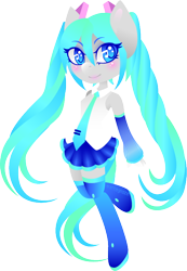 Size: 460x663 | Tagged: safe, artist:matteglaze, imported from derpibooru, anthro, blushing, clothes, hatsune miku, pigtails, simple background, socks, solo, thigh highs, transparent background, vocaloid