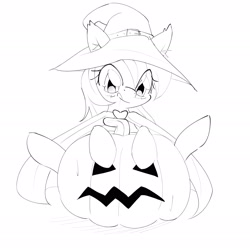 Size: 2996x2997 | Tagged: safe, artist:randy, imported from derpibooru, oc, oc only, oc:aryanne, cloak, clothes, costume, ear fluff, face, fruit, halloween, hat, heart, hungry, licking, lineart, monochrome, pumpkin, simple background, solo, tongue out, white background, witch, witch hat