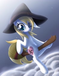 Size: 3025x3840 | Tagged: dead source, safe, artist:an-m, imported from derpibooru, oc, oc only, oc:aryanne, cat, earth pony, pony, blue eyes, broom, cloud, colored pupils, cute, eyes open, female, floating, floppy ears, flying, flying broomstick, halloween, hat, heart, looking at you, magic, nazi, night, night sky, pony oc, riding, sky, smiling, solo, starry eyes, stars, swastika, wingding eyes, witch, witch hat