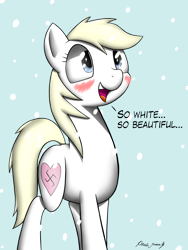 Size: 2400x3200 | Tagged: safe, artist:laffy372, imported from derpibooru, oc, oc only, oc:aryanne, earth pony, pony, blushing, female, happy, heart, nazi, smiling, snow, snowfall, solo, standing, starry eyes, swastika, talking, text, wingding eyes, winter