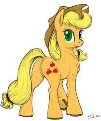 Size: 628x751 | Tagged: safe, artist:tsitra360, imported from derpibooru, applejack, earth pony, pony, applebutt, applejack's hat, braid, butt, cowboy hat, dock, female, hat, horseshoes, looking at you, looking back, looking back at you, muscles, plot, signature, simple background, smiling, smiling at you, solo, standing, underhoof, white background