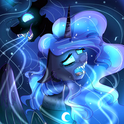 Size: 3000x3000 | Tagged: dead source, safe, artist:sunshinejoyyt, imported from derpibooru, nightmare moon, princess luna, duality, screaming, sharp teeth, teeth, transformation