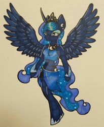 Size: 1024x1251 | Tagged: safe, artist:bleedingwings12, imported from derpibooru, princess luna, anthro, unguligrade anthro, belly button, both cutie marks, clothes, female, midriff, sarong, short shirt, side slit, simple background, skirt, solo, spread wings, traditional art, watermark