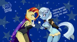 Size: 1599x890 | Tagged: safe, artist:traupa, imported from derpibooru, sunset shimmer, trixie, anthro, unicorn, accessory swap, alternate hairstyle, blushing, breasts, busty sunset shimmer, busty trixie, cape, cleavage, clothes, clothes swap, dialogue, dress, duo, female, fishnets, gloves, gritted teeth, jacket, leotard, lesbian, looking at each other, magician outfit, mane swap, role reversal, shipping, sideboob, sudden style change, suntrix, trixie's cape