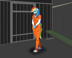 Size: 1024x832 | Tagged: safe, artist:nwinter3, imported from derpibooru, rainbow dash, anthro, plantigrade anthro, bound wings, chains, clothes, converse, cuffs, female, prison, prison outfit, prisoner, prisoner rd, sad, shirt, shoes, sneakers, solo, undershirt