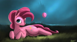 Size: 4300x2350 | Tagged: safe, artist:auroriia, imported from derpibooru, pinkie pie, earth pony, pony, balloon, female, high res, looking at you, mare, prone, solo