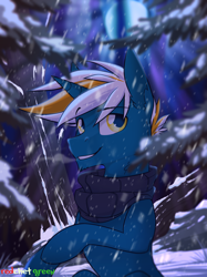 Size: 1500x2010 | Tagged: safe, artist:redchetgreen, imported from derpibooru, oc, oc only, pony, unicorn, clothes, looking at you, night, scarf, snow, snowfall, solo, winter