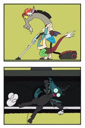 Size: 2209x3299 | Tagged: safe, artist:pony4koma, imported from derpibooru, discord, queen chrysalis, abuse, chrysabuse, cleaning, punishment, revenge, shrinking