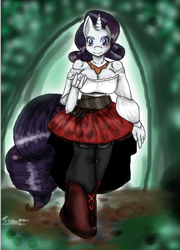 Size: 430x598 | Tagged: safe, artist:traupa, imported from derpibooru, rarity, anthro, unguligrade anthro, blushing, breasts, busty rarity, cleavage, clothes, dress, female, jewelry, necklace, solo