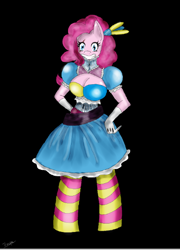 Size: 428x596 | Tagged: safe, artist:traupa, imported from derpibooru, pinkie pie, anthro, unguligrade anthro, black background, breasts, cleavage, clothes, dress, female, gloves, simple background, smiling, socks, solo, striped socks