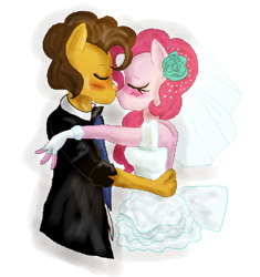 Size: 492x524 | Tagged: safe, artist:traupa, imported from derpibooru, cheese sandwich, pinkie pie, anthro, blushing, cheesepie, clothes, dress, flower, flower in hair, heartwarming in hindsight, kissing, male, marriage, shipping, straight, wedding, wedding dress