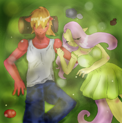 Size: 568x576 | Tagged: safe, artist:traupa, imported from derpibooru, big macintosh, fluttershy, anthro, clothes, dress, fluttermac, jeans, male, pants, shipping, sleeping, straight