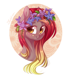 Size: 1024x1138 | Tagged: safe, artist:ten-dril, imported from derpibooru, oc, oc only, earth pony, pony, bust, colored pupils, floral head wreath, portrait, solo